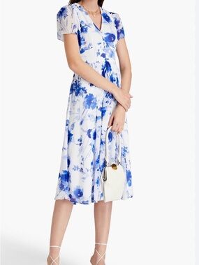 DKNY White Dress with Bold Blue Floral Print